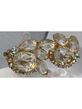 Vintage Delizza & Elster Aurora Borealis Rhinestone Gold-Tone Clip-On Earrings